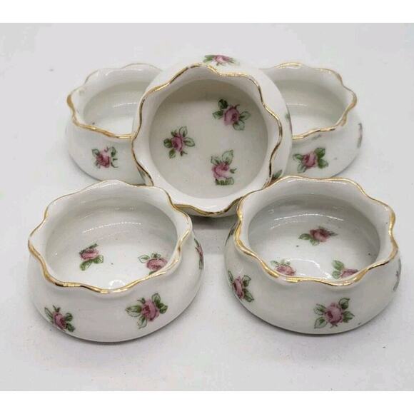 5 Antique Salt Cellar Server Tiny Bowl White Porcelain Pink Roses Austria Vtg - Picture 2 of 11